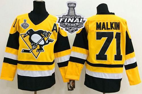 Penguins #71 Evgeni Malkin Yellow Throwback 2016 Stanley Cup Final Patch Stitched NHL Jersey