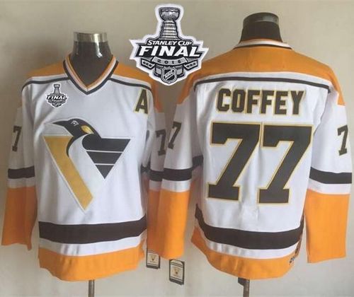 Penguins #77 Paul Coffey White Yellow CCM Throwback 2016 Stanley Cup Final Patch Stitched NHL Jersey