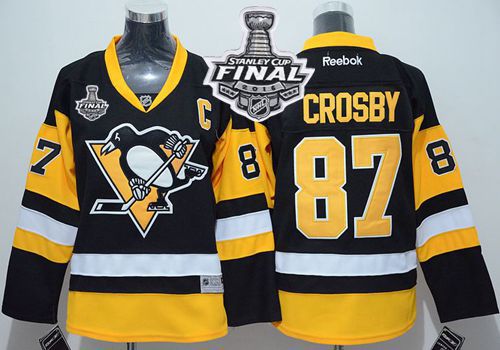 Penguins #87 Sidney Crosby Black 2016 Stanley Cup Final Patch Stitched Youth NHL Jersey-2