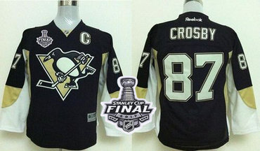 Penguins #87 Sidney Crosby Black 2017 Stanley Cup Final Patch Stitched Youth NHL Jersey