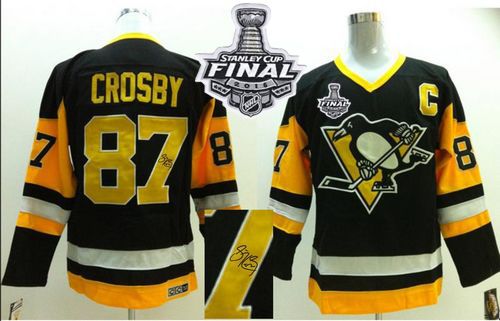 Penguins #87 Sidney Crosby Black CCM Throwback Autographed 2016 Stanley Cup Final Patch Stitched NHL Jersey