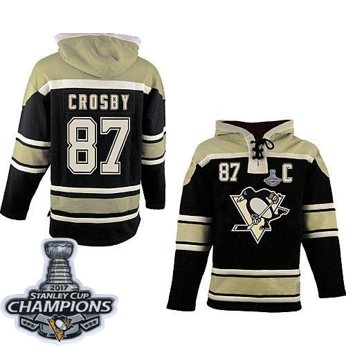 Penguins #87 Sidney Crosby Black Sawyer Hooded Sweatshirt 2017 Stanley Cup Finals Champions Stitched NHL Jersey
