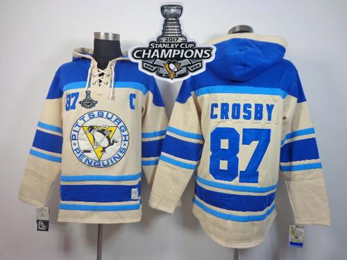 Penguins #87 Sidney Crosby Cream Sawyer Hooded Sweatshirt 2017 Stanley Cup Finals Champions Stitched NHL Jersey