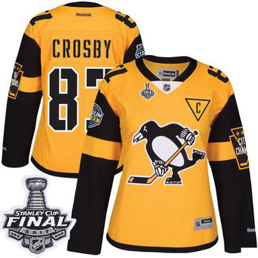 Penguins #87 Sidney Crosby Gold 2017 Stadium Series Stanley Cup Final Patch Women's Stitched NHL Jersey