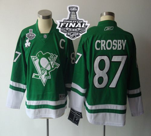 Penguins #87 Sidney Crosby Green St. Patty's Day 2016 Stanley Cup Final Patch Stitched Youth NHL Jersey