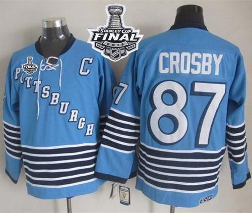Penguins #87 Sidney Crosby Light Blue CCM Throwback 2016 Stanley Cup Final Patch Stitched NHL Jersey