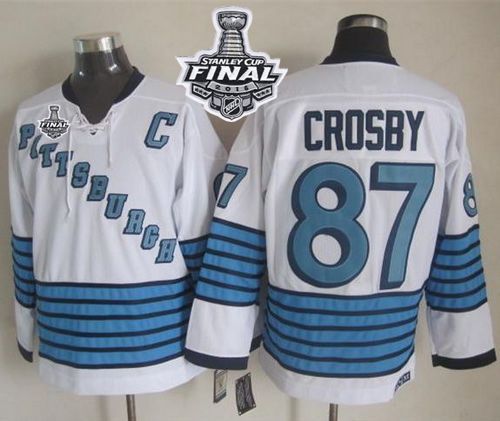 Penguins #87 Sidney Crosby White Light Blue CCM Throwback 2016 Stanley Cup Final Patch Stitched NHL Jersey
