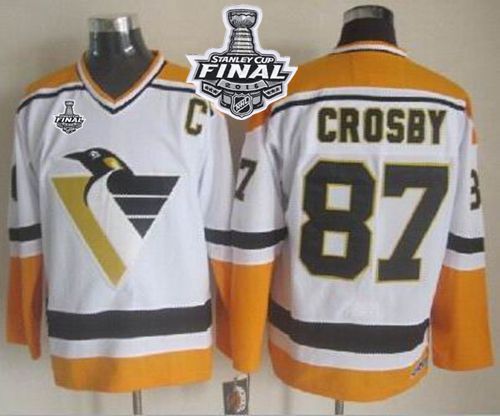 Penguins #87 Sidney Crosby White Yellow CCM Throwback 2016 Stanley Cup Final Patch Stitched NHL Jersey