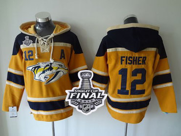 Predators #12 Mike Fisher Yellow Sawyer Hooded Sweatshirt 2017 Stanley Cup Final Patch Stitched NHL Jersey