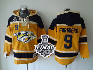 Predators #9 Filip Forsberg Yellow Sawyer Hooded Sweatshirt 2017 Stanley Cup Final Patch Stitched NHL Jersey