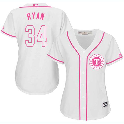 Rangers #34 Nolan Ryan White Pink Fashion Women's Stitched MLB Jersey