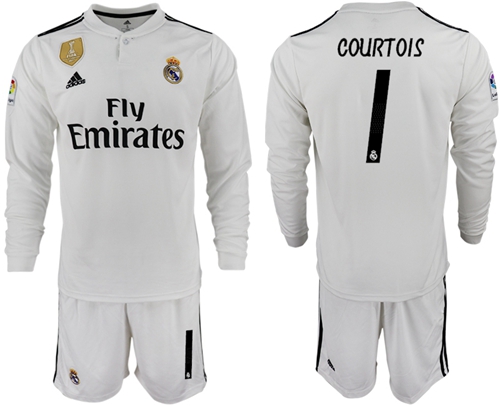 Real Madrid #1 Courtois White Home Long Sleeves Soccer Club Jersey