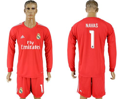 Real Madrid #1 Navas Red Goalkeeper Long Sleeves Soccer Club Jersey Real Madrid #1 Navas Red Goalkeeper Long Sleeves Soccer Club Jersey