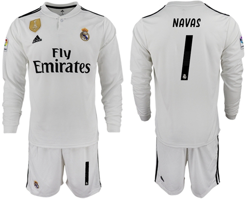 Real Madrid #1 Navas White Home Long Sleeves Soccer Club Jersey