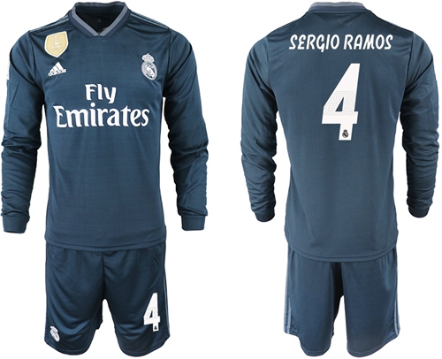 Real Madrid #4 Sergio Ramos Away Long Sleeves Soccer Club Jersey