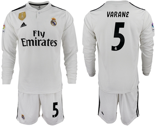 Real Madrid #5 Varane White Home Long Sleeves Soccer Club Jersey