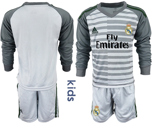 Real Madrid Blank Grey Goalkeeper Long Sleeves Kid Soccer Club Jersey