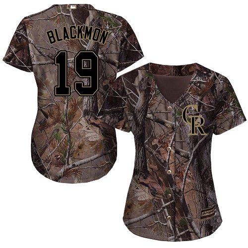 Rockies #19 Charlie Blackmon Camo Realtree Collection Cool Base Women's Stitched Baseball Jersey