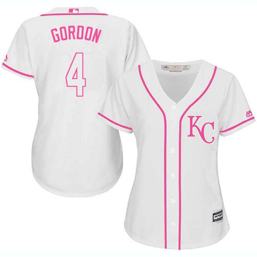 Royals #4 Alex Gordon White Pink Fashion Women's Stitched MLB Jersey