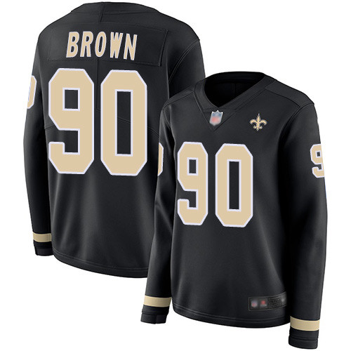 Saints #90 Malcom Brown Black Team Color Women's Stitched Football Limited Therma Long Sleeve Jersey
