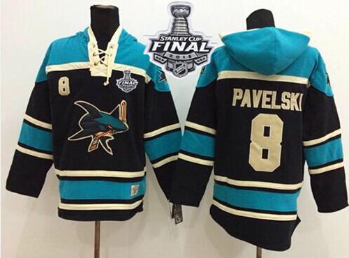 Sharks #8 Joe Pavelski Black Sawyer Hooded Sweatshirt 2016 Stanley Cup Final Patch Stitched NHL Jersey