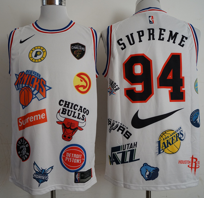 Supreme X Nike X NBA Logos White Stitched Basketball Jersey 