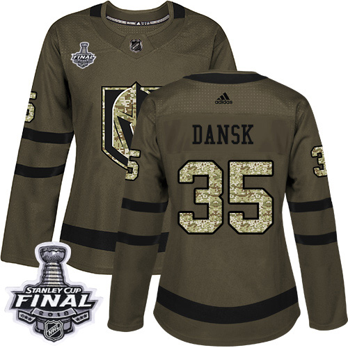 Women's Adidas Golden Knights #35 Oscar Dansk Green Salute to Service 2018 Stanley Cup Final Women's Stitched NHL Jersey Women's Adidas Golden Knights #35 Oscar Dansk Green Salute to Service 2018 Stanley Cup Final Women's Stitched NHL Jersey