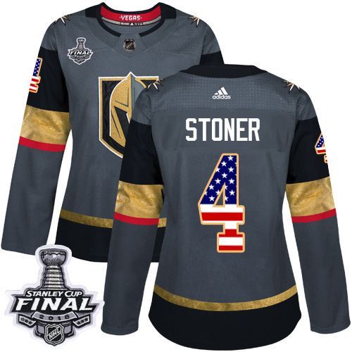 Women's Adidas Golden Knights #4 Clayton Stoner Grey Home Authentic USA Flag 2018 Stanley Cup Final Women's Stitched NHL Jersey