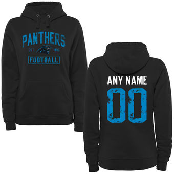 Women's Black Carolina Panthers Distressed Custom Name & Number Pullover Hoodie
