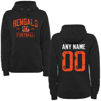 Women's Black Cincinnati Bengals Distressed Custom Name & Number Pullover Hoodie