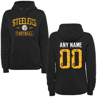Women's Black Pittsburgh Steelers Distressed Custom Name & Number Pullover Hoodie Women's Black Pittsburgh Steelers Distressed Custom Name & Number Pullover Hoodie