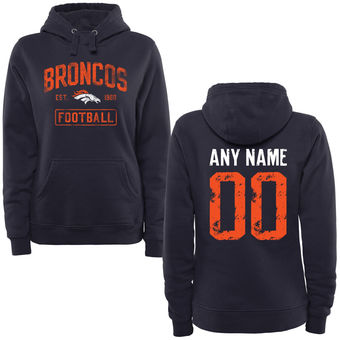 Women's Navy Denver Broncos Distressed Custom Name & Number Pullover Hoodie