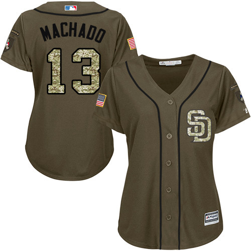 Women's Padres #13 Manny Machado Green Salute to Service Women's Stitched Baseball Jersey