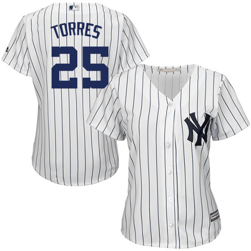 Yankees #25 Gleyber Torres White Strip Home Women's Stitched Baseball Jersey